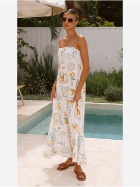 Strapless White Patterned Maxi Dress